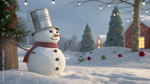 Christmas snowman with silver bucket on his head.