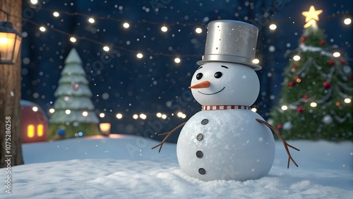 Christmas snowman with silver bucket on his head.