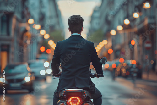 Stylish businessman businesswoman person riding bicycle on street Generative AI picture eco friendly concept photo