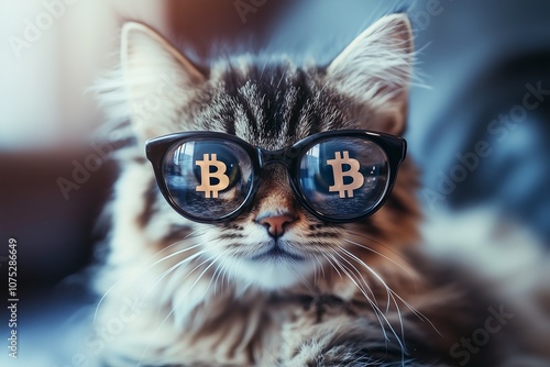 A playful tabby cat wearing stylish sunglasses, reflecting Bitcoin logos, creating a fun and modern vibe. photo