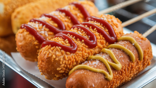 Three delicious corn dogs, one with ketchup, one with mustard, and one sprinkled with sugar, served on wooden sticks, showcasing a tasty street food delight. photo