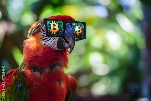 A funny crypto enthusiast parrot wearing novelty Bitcoin glasses amidst a lush green background. photo