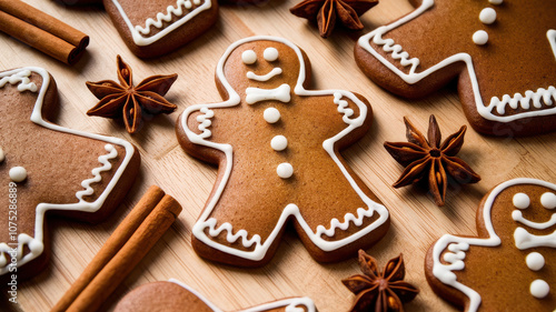 Delicious gingerbread cookies shaped like cheerful gingerbread men, decorated with icing and surrounded by star anise and cinnamon sticks.