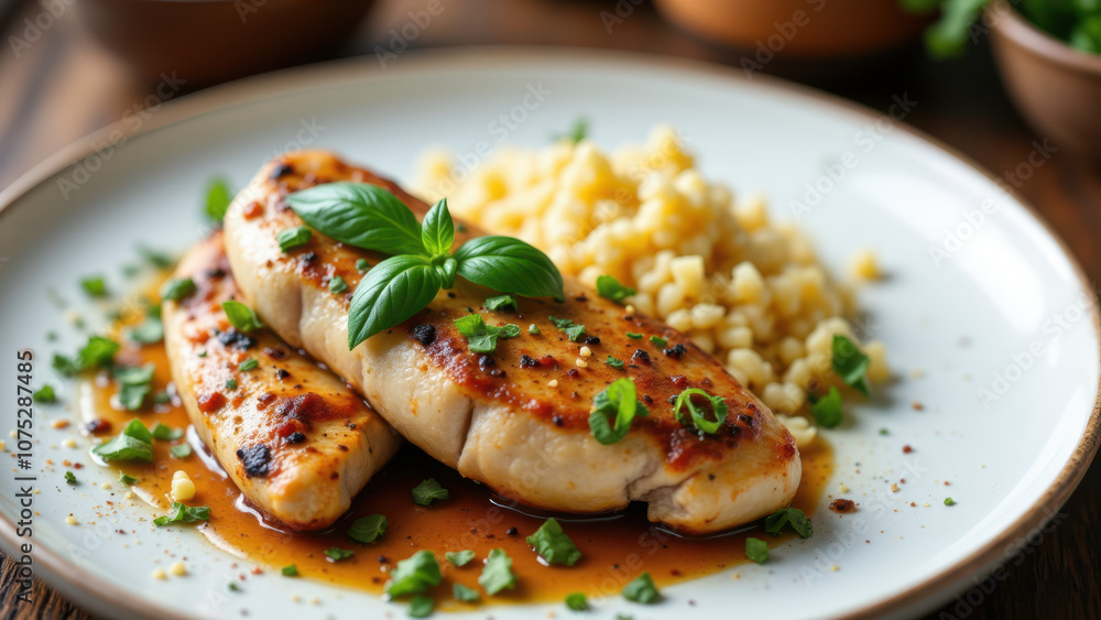 A plate of Mary's chicken with a creamy sauce over couscous garnished with fresh herbs on a wooden table. A plate of Mary's chicken with a creamy sauce over couscous garnished with fresh herbs on a wooden table.