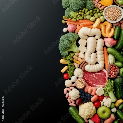 Closeup of a healthy gut microbiome with PreBio, Inulin, and FOS illustrated as probiotics and prebiotics in action photo