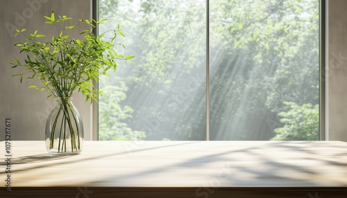 Exquisite Malist Dining Table Displayed With Bamboo Plant In Glass Vase By Spacious Window In A Cozy Home Setting. Contains Copy Space. photo