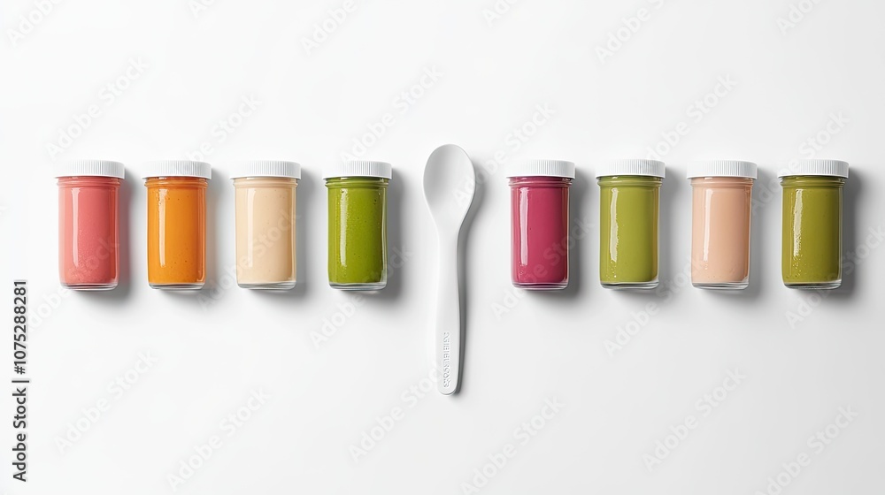 Minimalistic baby food concept with small jars filled with colorful purees on a clean white background, alongside a soft baby spoon Minimalistic baby food concept with small jars filled with colorful purees on a clean white background, alongside a soft baby spoon