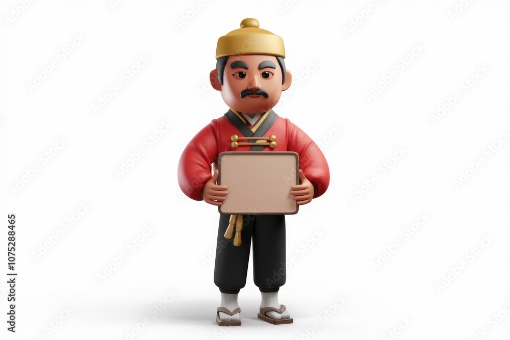 A 3D cartoon man in traditional Chinese clothes holding a blank sign. A 3D cartoon man in traditional Chinese clothes holding a blank sign.