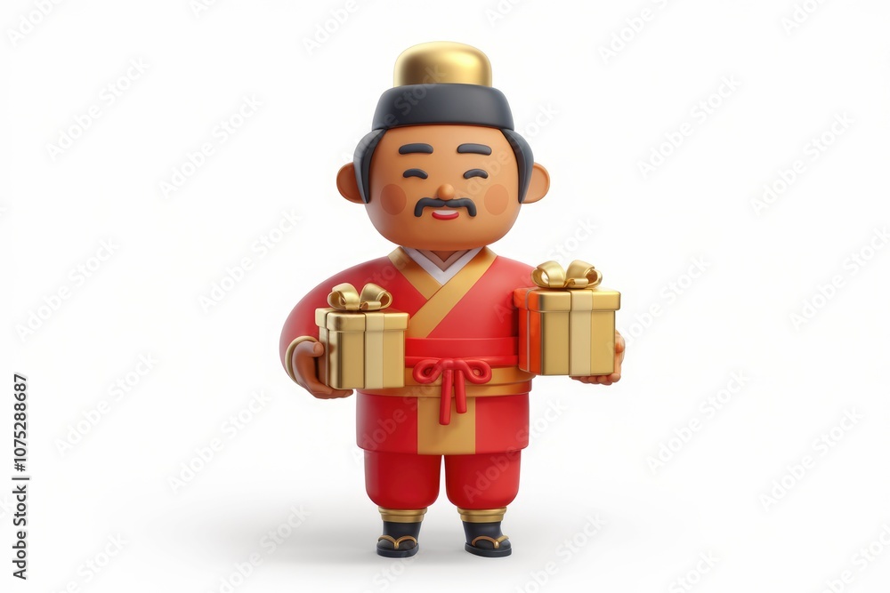 Smiling cartoon man in red clothes holds two golden gift boxes Smiling cartoon man in red clothes holds two golden gift boxes
