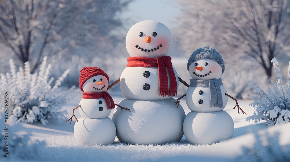 A delightful scene featuring a family of three snowmen standing together in a snowy, winter landscape. A delightful scene featuring a family of three snowmen standing together in a snowy, winter landscape.