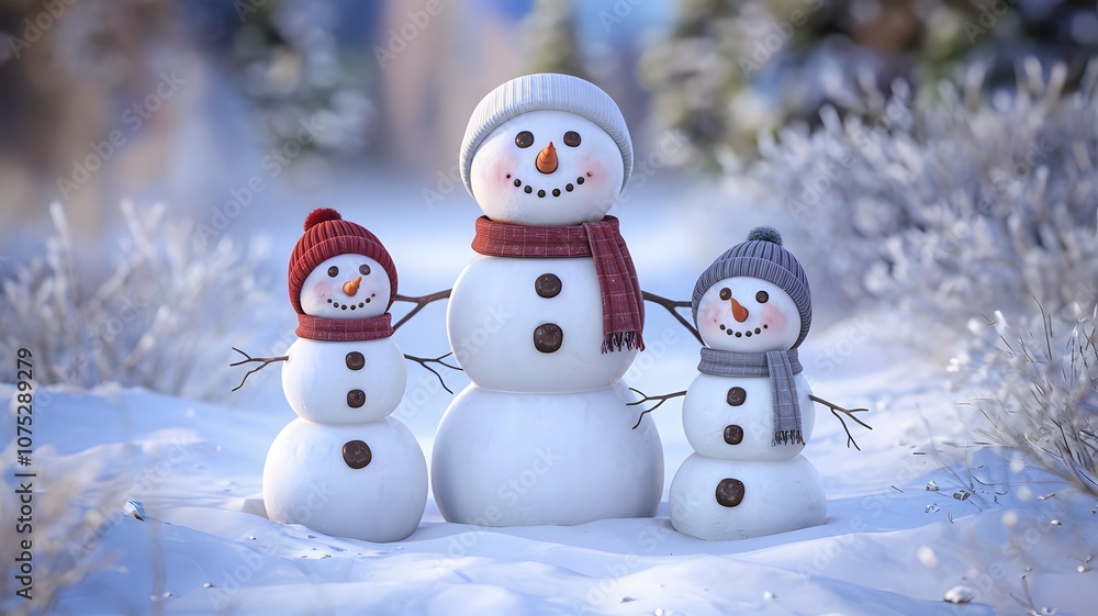 A delightful scene featuring a family of three snowmen standing together in a snowy, winter landscape. A delightful scene featuring a family of three snowmen standing together in a snowy, winter landscape.