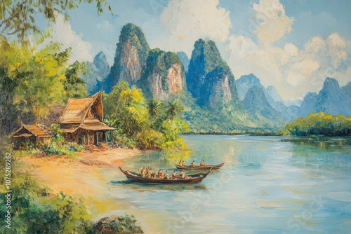 oil painting of Beautiful Hill landscape of Myanmar in the morning