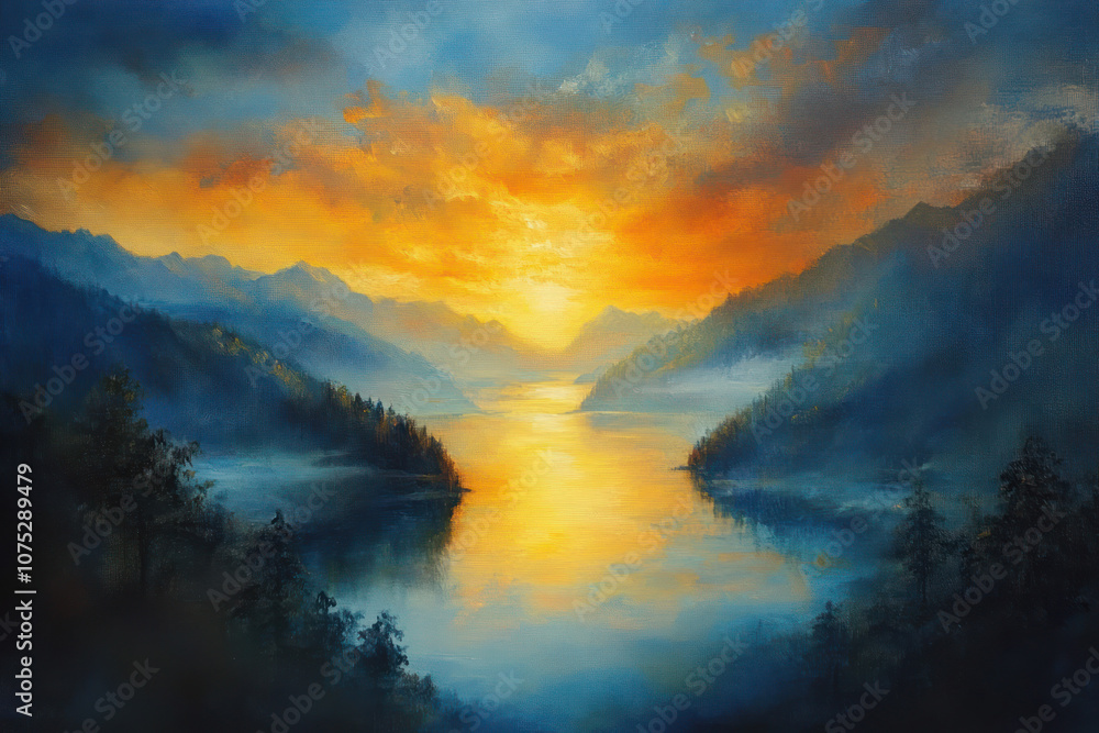 Fototapeta premium illustration painting of Beautiful natural landscape of Georgia at sunrise