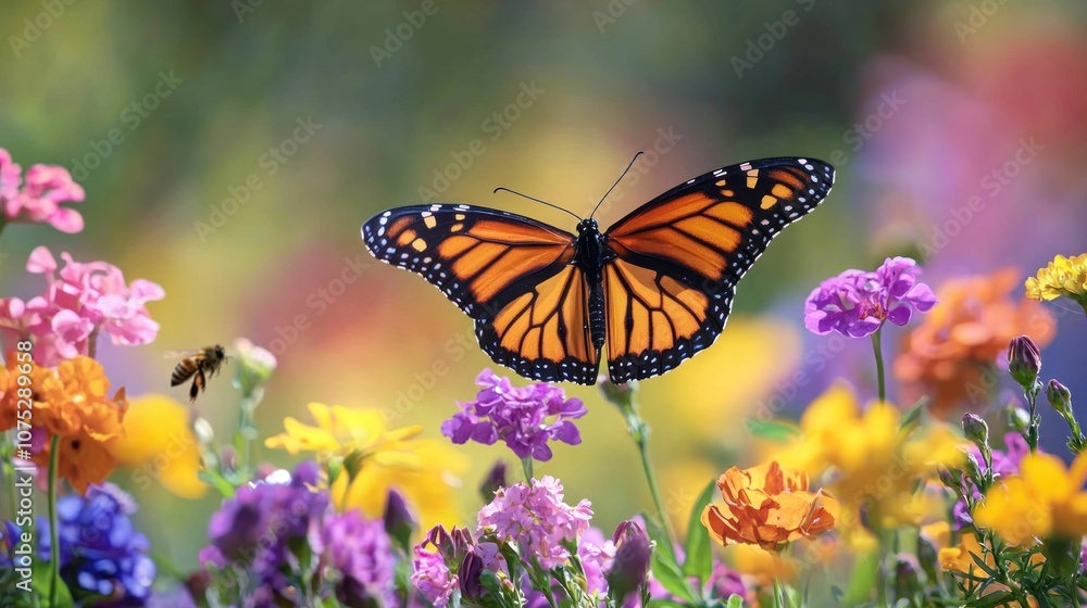 Obraz premium In the spring, the garden burst into color, with blooming flowers attracting butterflies and bees from nearby