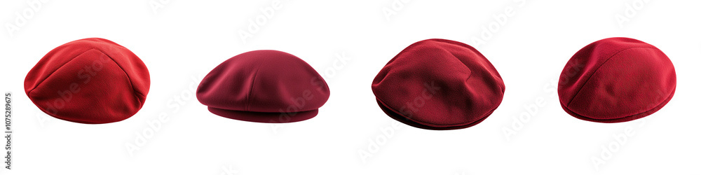 A collection of four red berets displayed on a white isolated background. transparent background A collection of four red berets displayed on a white isolated background. transparent background