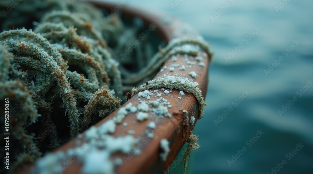 Naklejka premium Close-up of a Well-Used Fisherman's Net with Algae and Salt Crusting the Edges