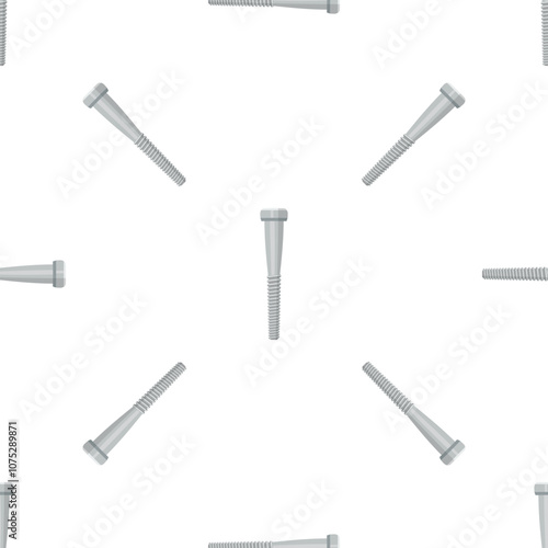 Seamless pattern of identical metal bolts lying on a white background, creating a repetitive design suitable for various applications