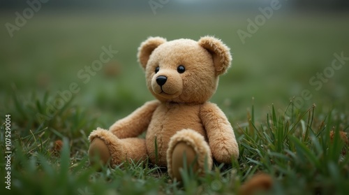 A Faded Teddy Bear's Lament: Lost Memories in a Dew-Kissed Field
