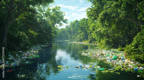 Serene River in Dense Forest: Environmental Awareness 3D Render with Trash Pollution