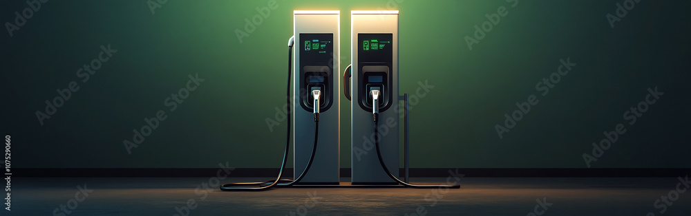 Sleek 3D Rendering of an EV Charging Station Graphic Template with Dual Cables and Digital Interface Sleek 3D Rendering of an EV Charging Station Graphic Template with Dual Cables and Digital Interface