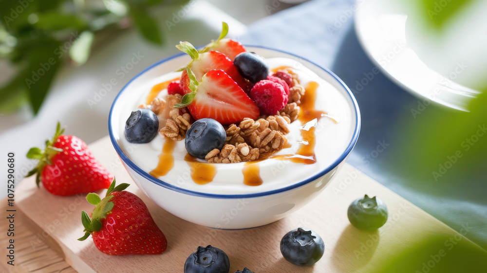 A delicious bowl of yogurt topped with strawberries, blueberries, granola, and a drizzle of honey, set in a bright, inviting kitchen. A delicious bowl of yogurt topped with strawberries, blueberries, granola, and a drizzle of honey, set in a bright, inviting kitchen.