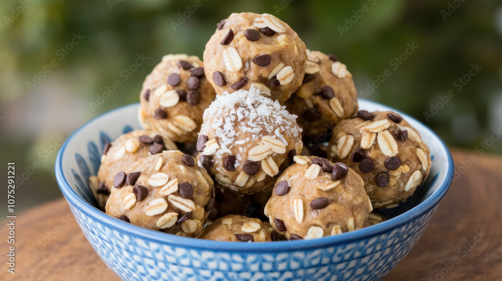 A delicious stack of energy bites made from oats, chocolate chips, and a hint of coconut, perfect for a quick snack. A delicious stack of energy bites made from oats, chocolate chips, and a hint of coconut, perfect for a quick snack.