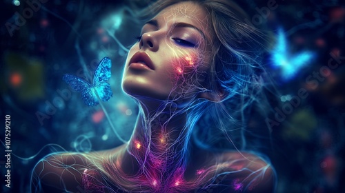 A woman's face surrounded by a swirling cloud of light and butterflies.