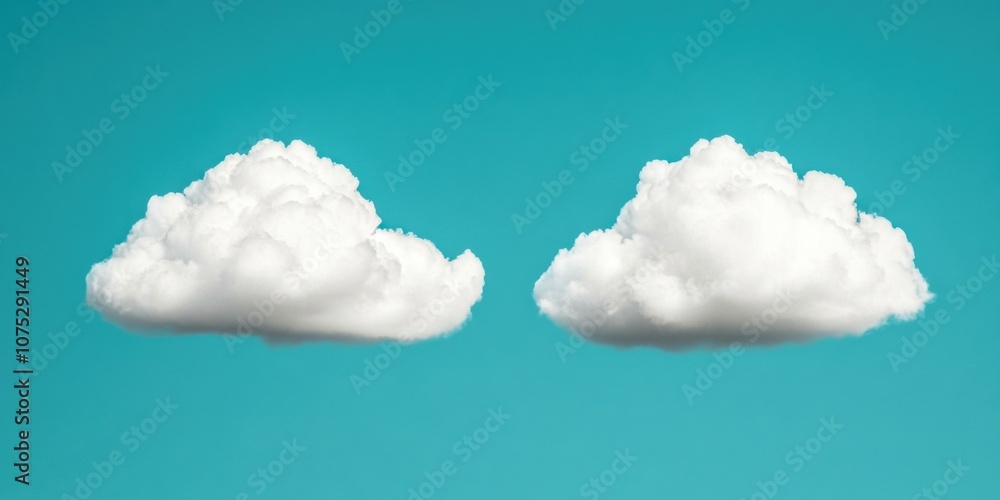 Two fluffy white clouds against a bright turquoise background, creating a serene and airy atmosphere. Two fluffy white clouds against a bright turquoise background, creating a serene and airy atmosphere.