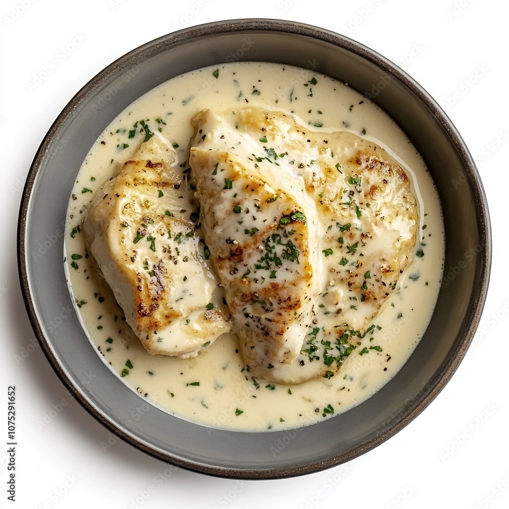 Escalope Savoyarde in Creamy Sauce Served on Small Grey Dish with White Background Escalope Savoyarde in Creamy Sauce Served on Small Grey Dish with White Background
