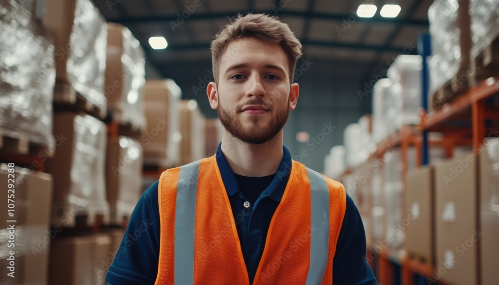 Attractive Male Industrial Engineer Working Alone In Factory Warehouse, Smiling At Camera. Portrait Of Caucasian Man Processing Orders. Attractive Male Industrial Engineer Working Alone In Factory Warehouse, Smiling At Camera. Portrait Of Caucasian Man Processing Orders.