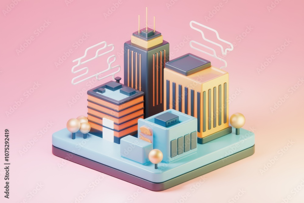 3D illustration of a miniature city with skyscrapers and trees 3D illustration of a miniature city with skyscrapers and trees