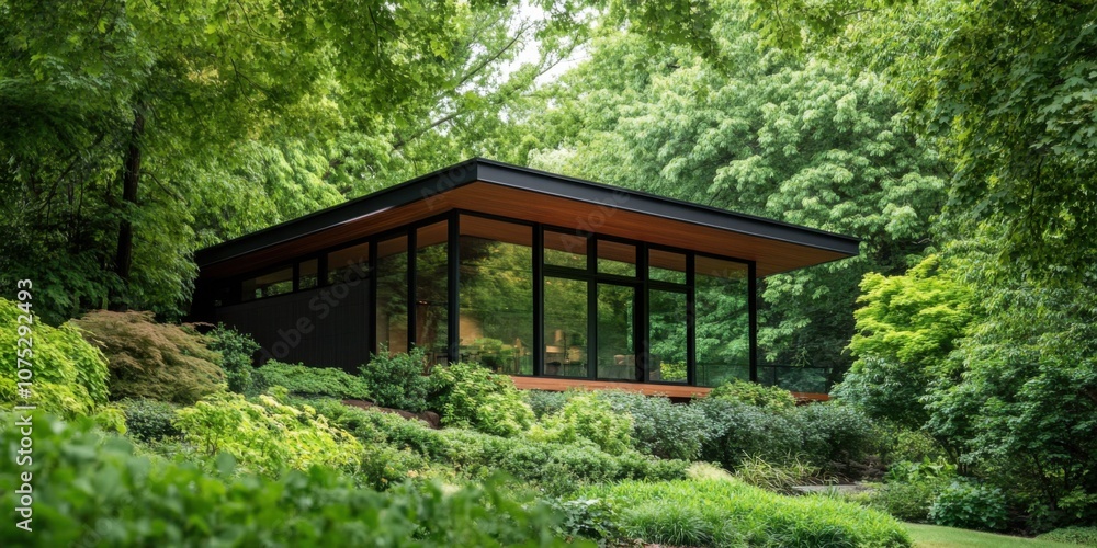 A modern house set in lush greenery, featuring expansive glass walls and a sleek wooden roof, blending harmoniously with its natural surroundings. A modern house set in lush greenery, featuring expansive glass walls and a sleek wooden roof, blending harmoniously with its natural surroundings.