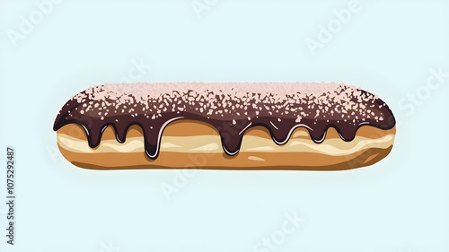 Long john donut with chocolate glazing isolated on light blue background.