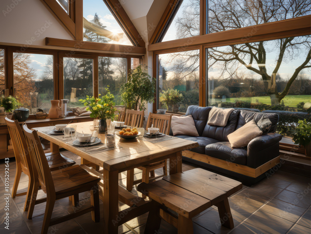 Spring is reflected in the house's modern architecture, which features a window into the kitchen and a panoramic exit from the dining room to the terrace. Spring is reflected in the house's modern architecture, which features a window into the kitchen and a panoramic exit from the dining room to the terrace.