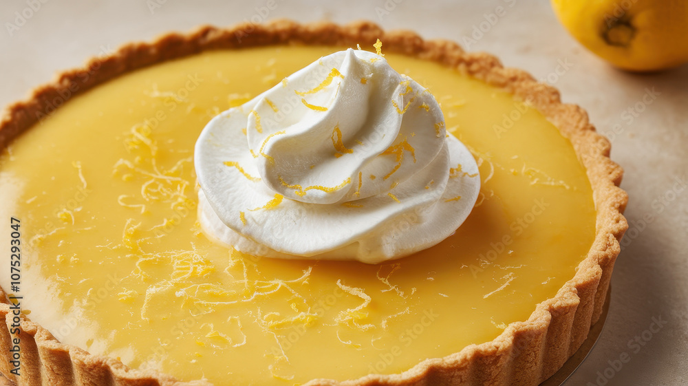A vibrant lemon tart with a glossy yellow filling topped with a swirl of whipped cream and fresh lemon zest, showcasing a delightful dessert. A vibrant lemon tart with a glossy yellow filling topped with a swirl of whipped cream and fresh lemon zest, showcasing a delightful dessert.