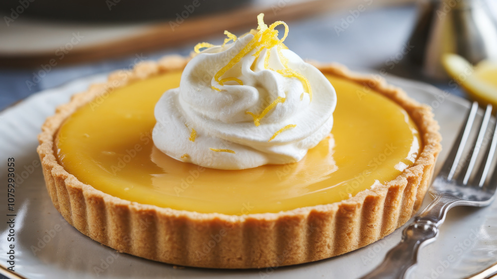 A delicious lemon tart topped with fluffy whipped cream and lemon zest, set on a light blue tablecloth, evoking a fresh and sunny mood. A delicious lemon tart topped with fluffy whipped cream and lemon zest, set on a light blue tablecloth, evoking a fresh and sunny mood.