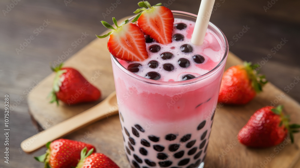 Refreshing pink bubble tea topped with fresh strawberry slices, served in a tall glass with a straw, surrounded by vibrant strawberries on a wooden board. Refreshing pink bubble tea topped with fresh strawberry slices, served in a tall glass with a straw, surrounded by vibrant strawberries on a wooden board.