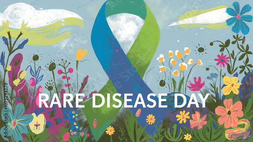 Rare Disease Day conceptual poster. Large, stylized blue and green ribbon and flowers symbolizing awareness and hope, generative AI