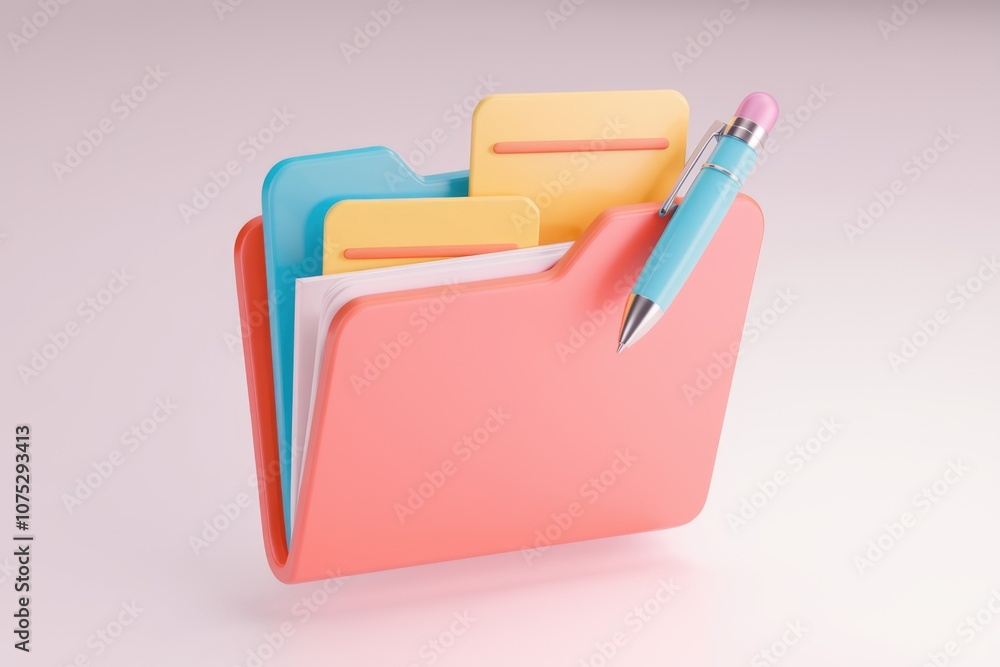 A colorful folder with documents and a pen signifying organization. A colorful folder with documents and a pen signifying organization.
