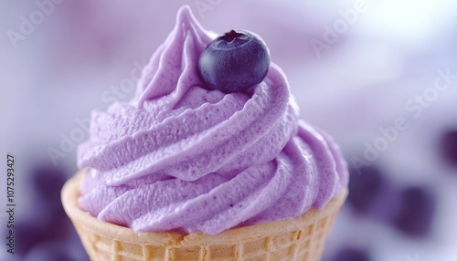 Refreshing Purple Berry Frozen Yogurt Swirl Topped with Fresh Blueberry, in a Waffle Cone, Close Up
