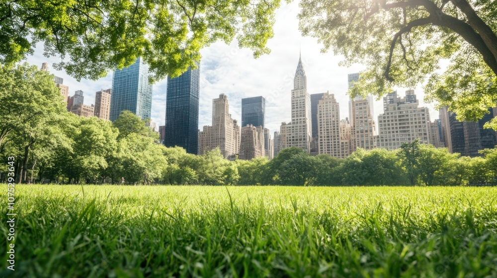 Obraz premium A vibrant city skyline peeks through lush green trees, showcasing the harmony between urban architecture and nature under a bright sun.