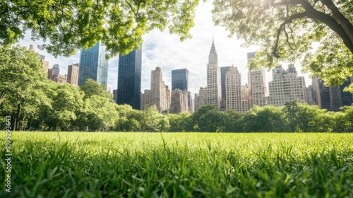 A vibrant city skyline peeks through lush green trees, showcasing the harmony between urban architecture and nature under a bright sun.