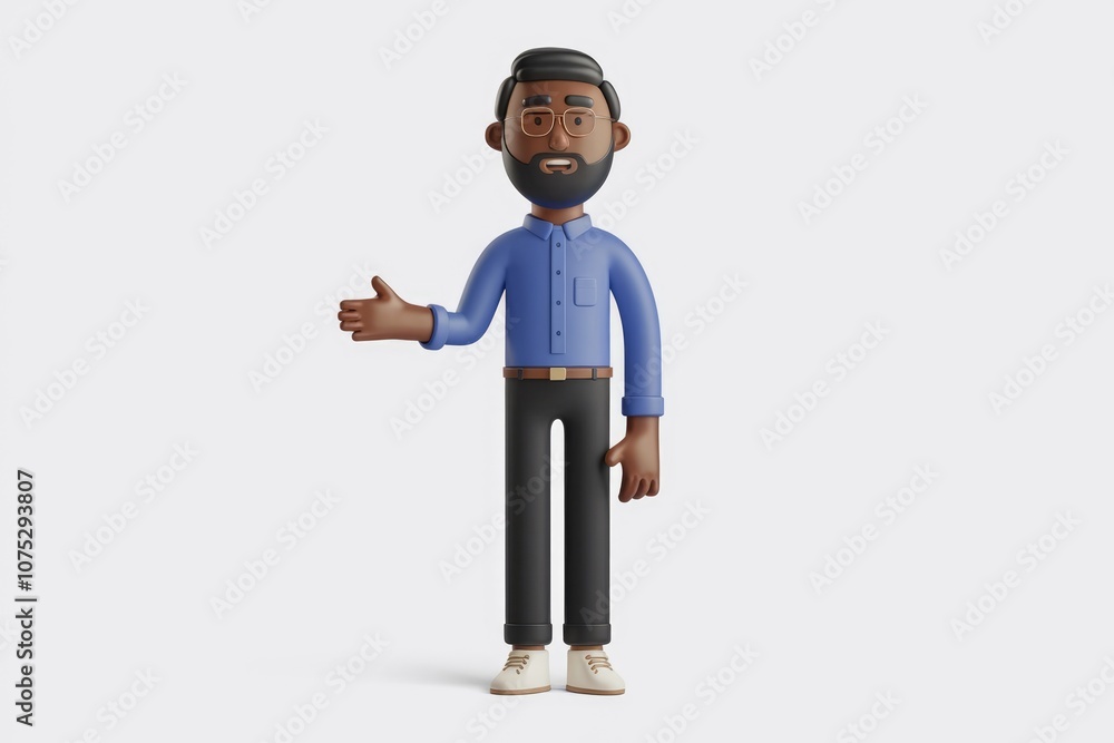 A 3D cartoon man with a beard wearing glasses is pointing to the left A 3D cartoon man with a beard wearing glasses is pointing to the left
