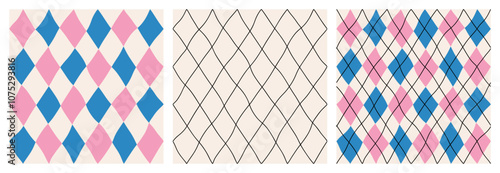 Set of seamless abstract geometric pattern of pink and blue rhombuses in a row, with black diagonal lines on a light background, hand drawn illustration, flat style