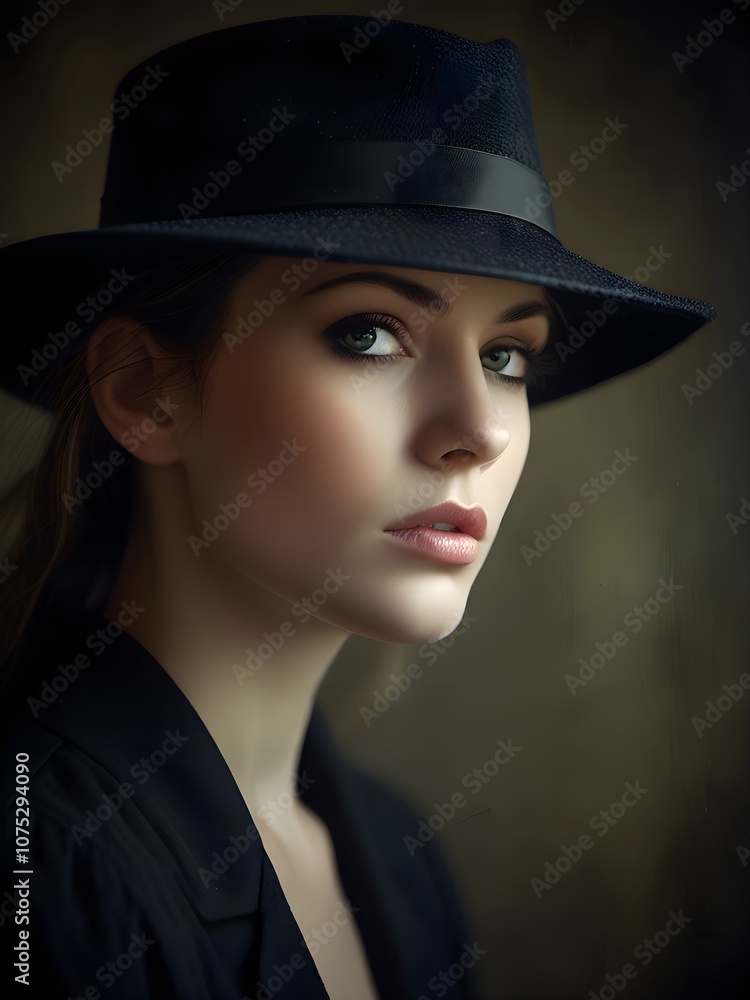 Elegant Portrait of Woman in Black Hat with Vintage Noir Style Elegant Portrait of Woman in Black Hat with Vintage Noir Style