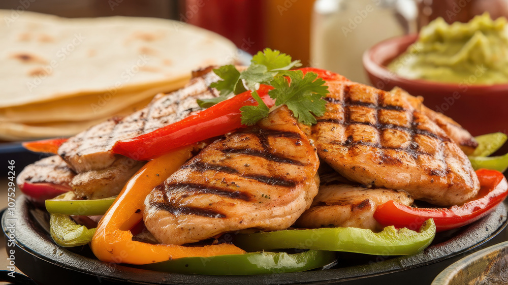 Delicious grilled chicken fajitas served on a sizzling platter with vibrant bell peppers and fresh cilantro. Delicious grilled chicken fajitas served on a sizzling platter with vibrant bell peppers and fresh cilantro.
