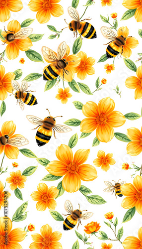 Seamless pattern with cute honey bees and orange blossom. Hand drawn watercolor illustration. Natural digital paper for beekeeper designs, prints, labels, textile, invitations, wrapping paper isolat photo