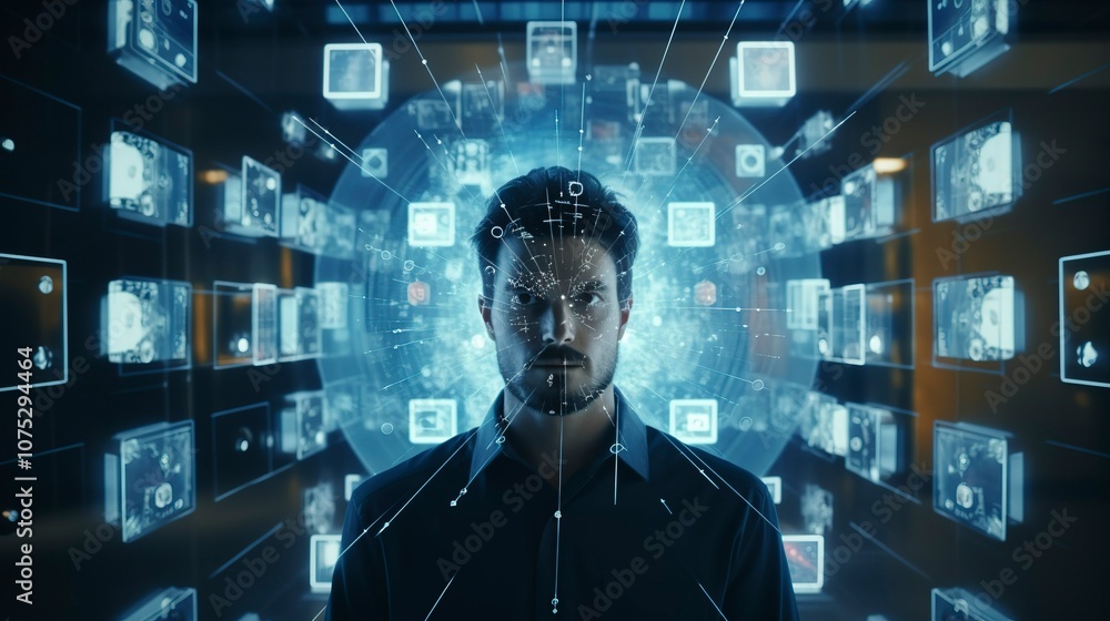 A photo of a facial recognition technology in use. A photo of a facial recognition technology in use.