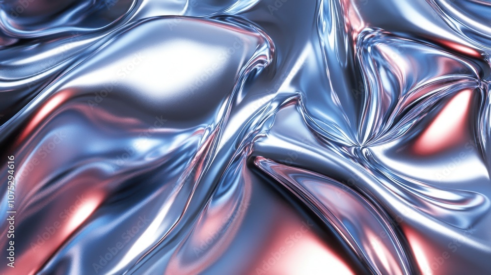 An abstract close-up of reflective, wavy metallic fabric in blue and silver tones, creating a fluid and dynamic appearance. An abstract close-up of reflective, wavy metallic fabric in blue and silver tones, creating a fluid and dynamic appearance.