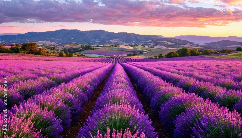 A lavender field at sunset - nature, romance and tranquility. A lavender field at sunset - nature, romance and tranquility.